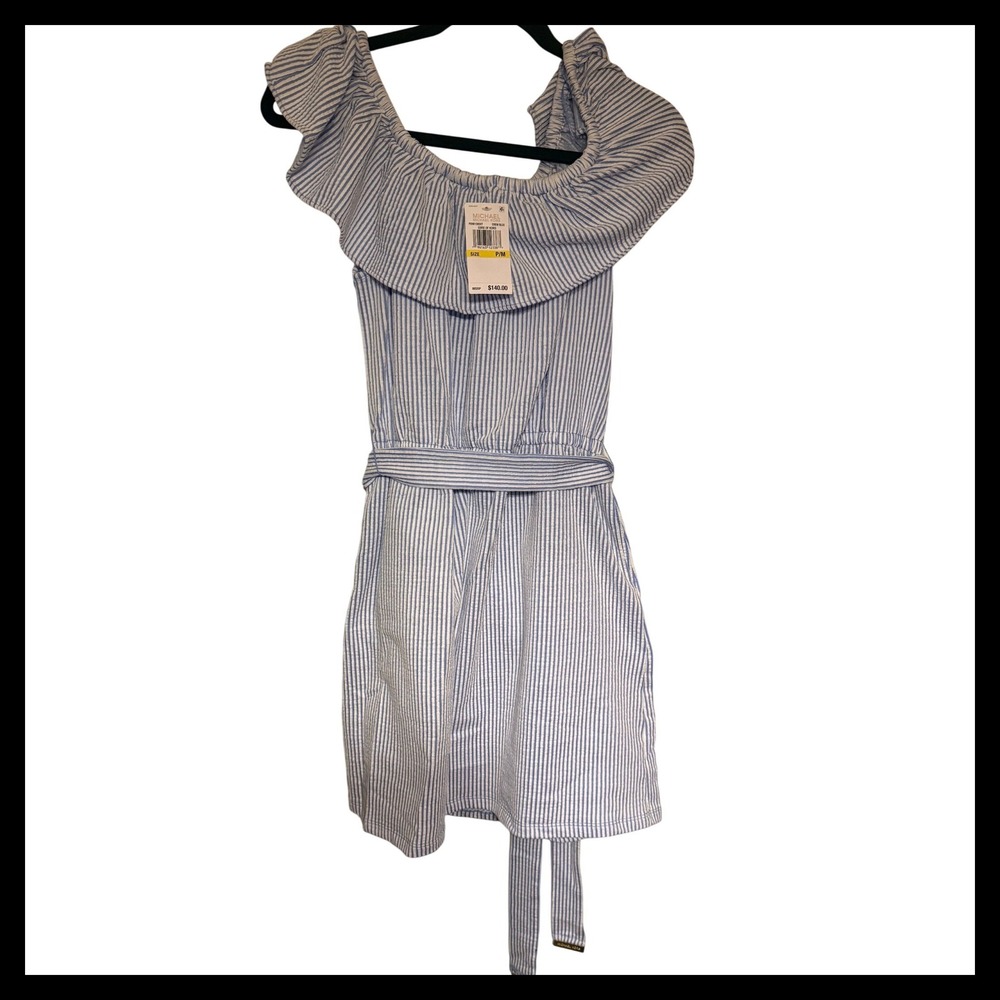 NWT Michael Kors Off Shoulder‎ Striped Ruffle Dress Crew Blue P/M MSRP $140